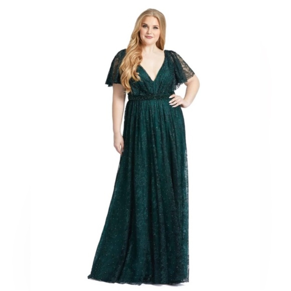 Mac Duggal Dress Flutter Sleeve V-Neck Gown Maxi Embellished in Emerald Green